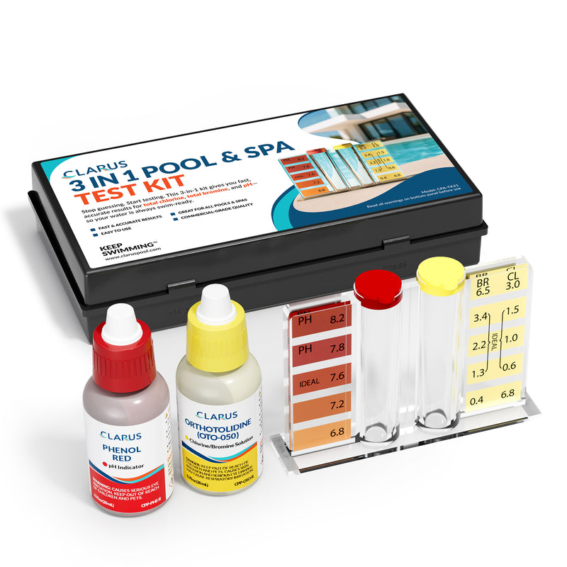 Clarus 3-in-1 Pool & Spa Water Quality Test Kit – pH, Total Chlorine & Bromine